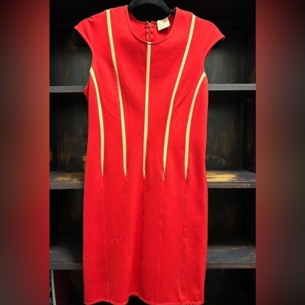 Bright Red Tight Dress with Inset Nude Mesh Cut Outs | Cap Sleeves | Sz L | Sexy
